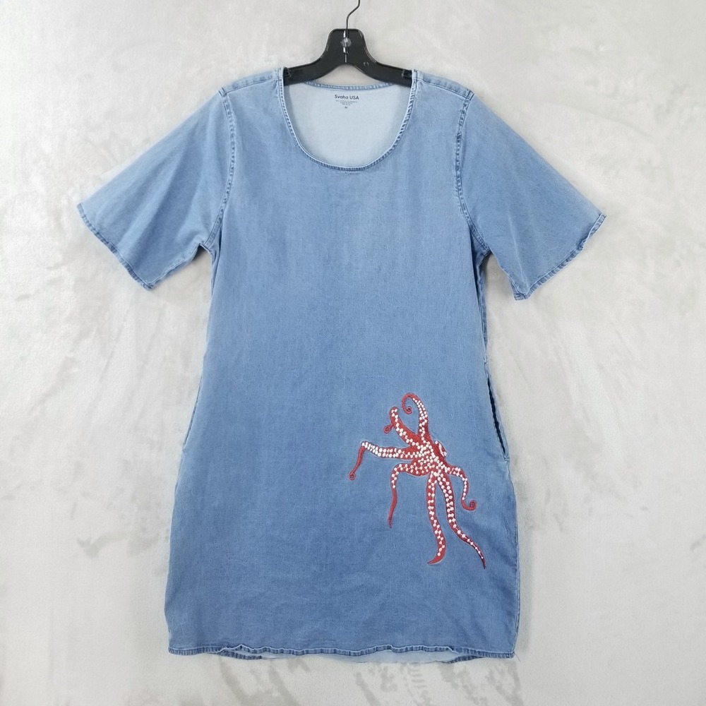 Svaha Octopus Embroidery Denim Dress M Blue Cotton Short Sleeve Pockets STEAM